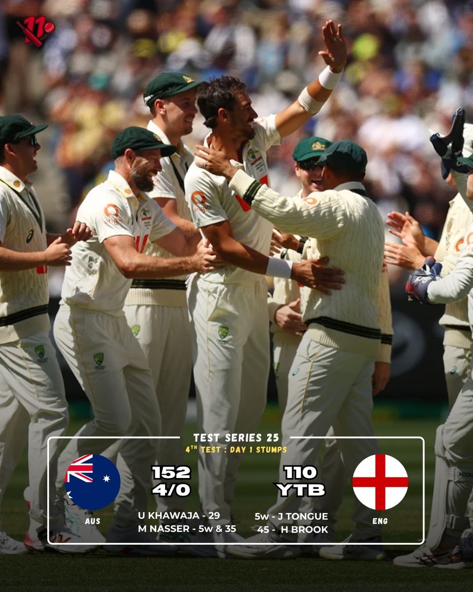 11_crick's tweet photo. Josh Tongue’s 5-for 💥🔥 gave England hope…
but Australia had other plans 😈🇦🇺
Nasser counter-attacks with bat &amp; ball 💪🏏
Day 1 ends with Aussies back in command 🔥
#Ashes2025 #AUSvsENG https://t.co/Fm8jKvXwEq