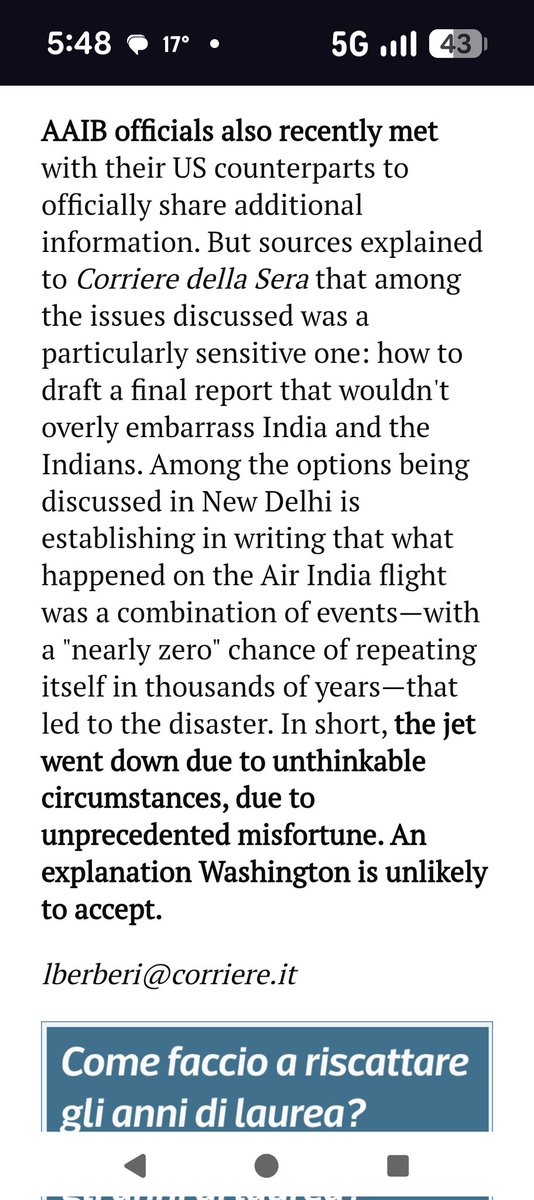 Correire della Sera, a leading Italian daily says in recent meetings between Indian AI-171 crash investigators &amp; US officials, an effort was made to 'fix' words used in the final report  to make the root cause more palatable.  Translation attached. 

corriere.it/economia/trasp…