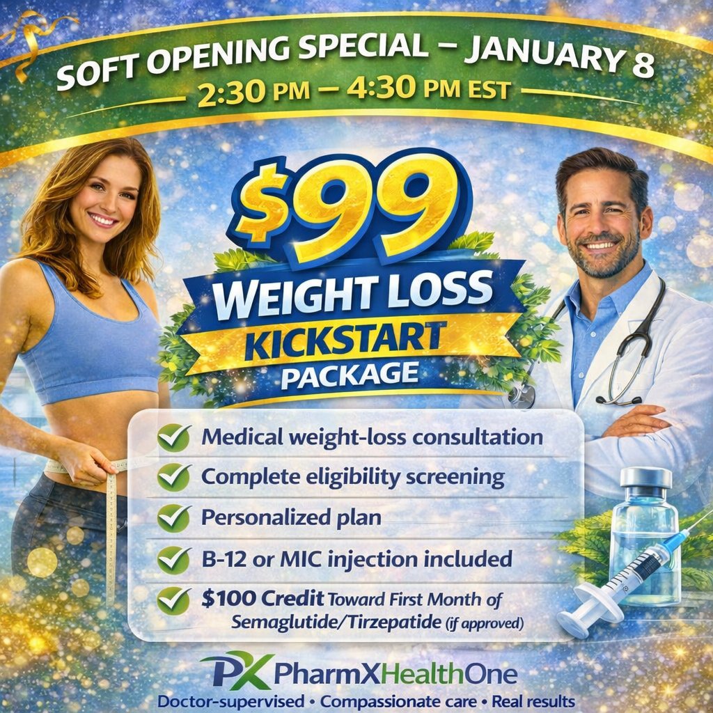 pharmxhealthone's tweet image. 🚨 SOFT OPENING SPECIAL 🚨
January 8 | 2:30–4:30 PM EST

$99 Weight Loss Kickstart
Doctor-supervised consultation + evaluation
B-12 or MIC injection included
$100 medication credit (if approved)

Limited spots. Comment INFO or DM us.
#PharmXHealthOne #SoftOpening #weightloss