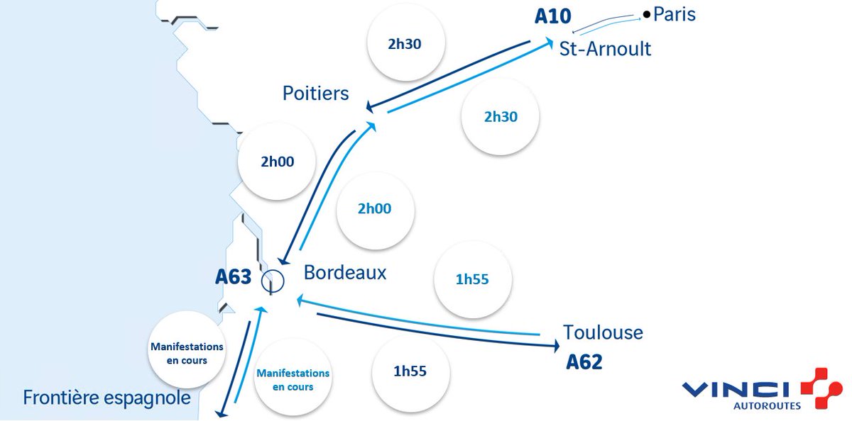 #Infotrafic à 13h30 ⏱️ Vos temps de parcours sur <a href="/A10Trafic/">Autoroute A10</a>, <a href="/A62Trafic/">Autoroute A62</a> et <a href="/A63Trafic/">Autoroute A63</a>. #BienVoyager #A62