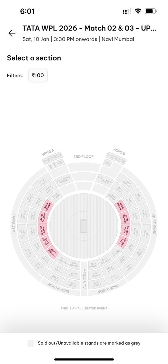 rushabhvikmani's tweet photo. @district_india @BCCIWomen Are you saying only these stands are available for public in wpl within 1 minute of things opening? @wplt20 https://t.co/ZoQvRx8RPO
