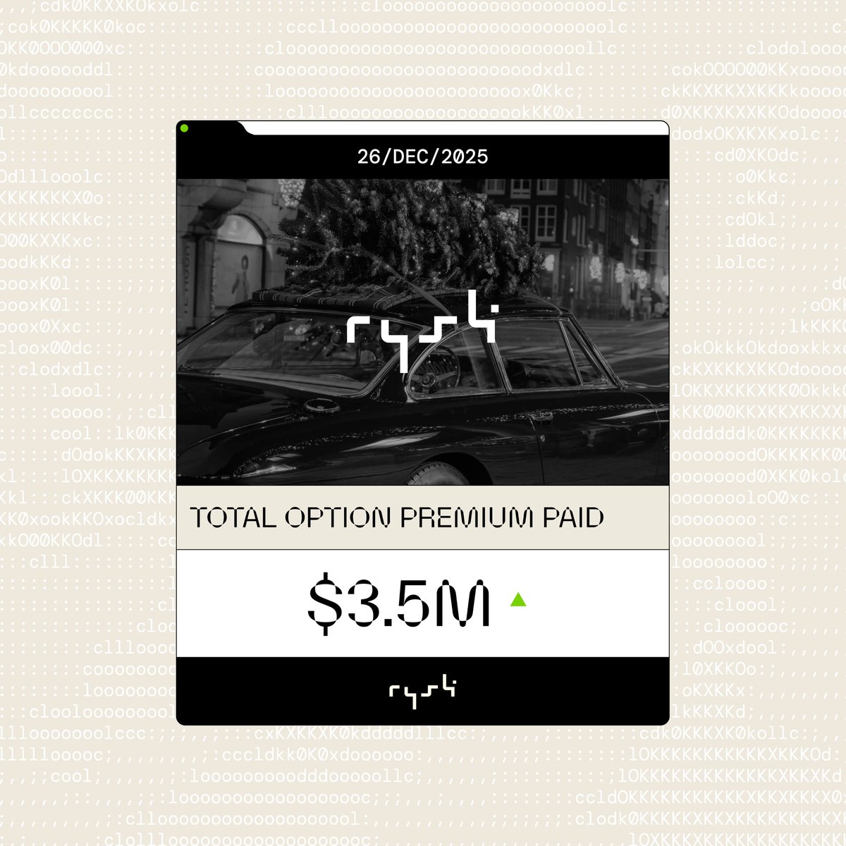 Last expiry of 2025 hit.

Time to look back.

Since Rysk V12 launched publicly in July, $3.5M+ in premium has been paid out on-chain to Rysk users.  

Volatility yield is real.

As with every expiry, points dropped. 
1,199,531.96 points distributed this epoch.

Rysk it all