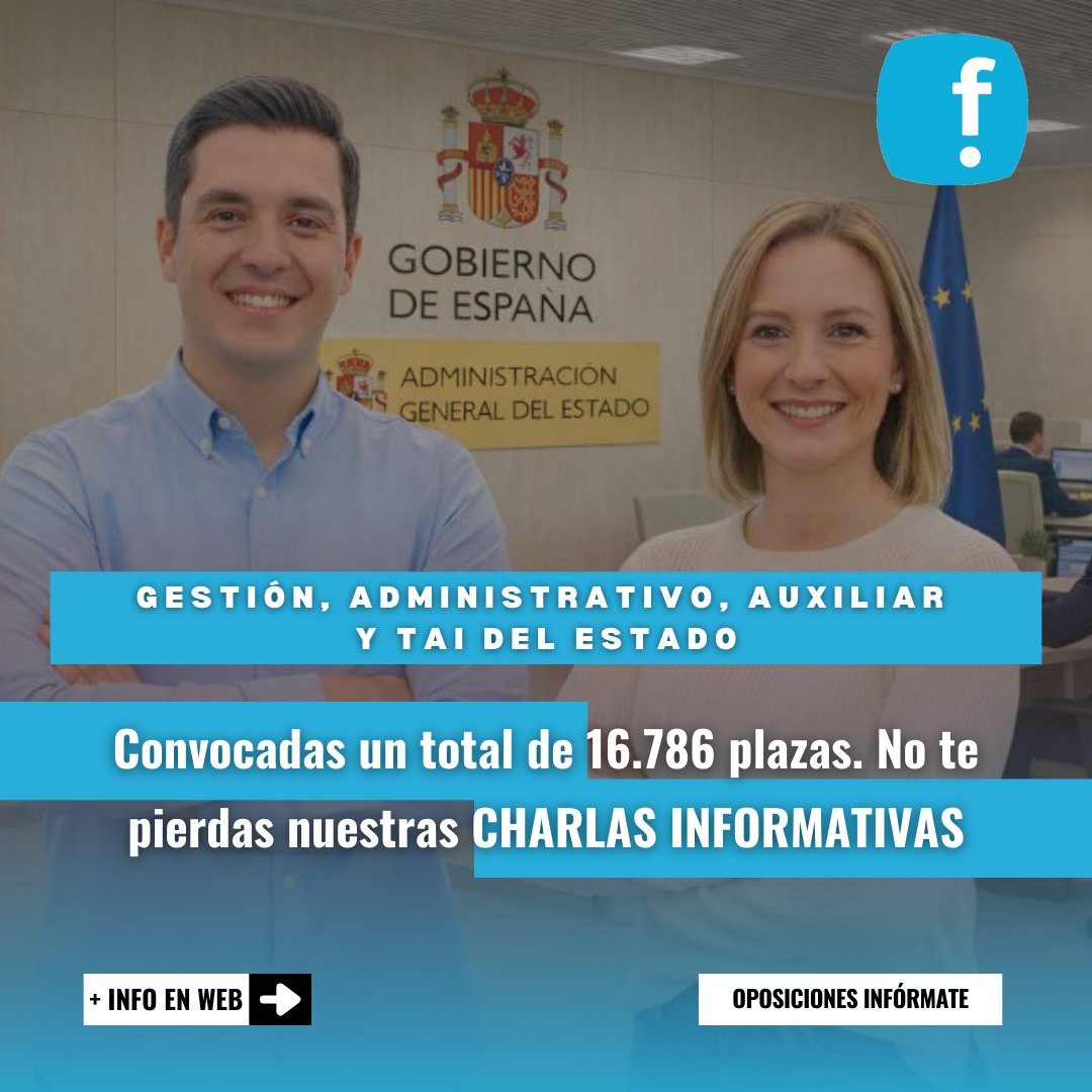 InformateEmpleo's tweet photo. 📜 CONVOCADAS 𝟏𝟔.𝟕𝟖𝟔 𝐩𝐥𝐚𝐳𝐚𝐬, entre libres y de promoción interna, en #Gestión, #Administrativo, #Auxiliar y #TAI del 𝐄𝐬𝐭𝐚𝐝𝐨! 👨💻
🗓 #Charlasinformativas los días 𝟓, 𝟏𝟐 y 𝟏𝟗 𝐝𝐞 𝐞𝐧𝐞𝐫𝐨
Os lo contamos AQUÍ 🗣 https://t.co/Y3YfljGkn7 https://t.co/RSb4U6kmj6