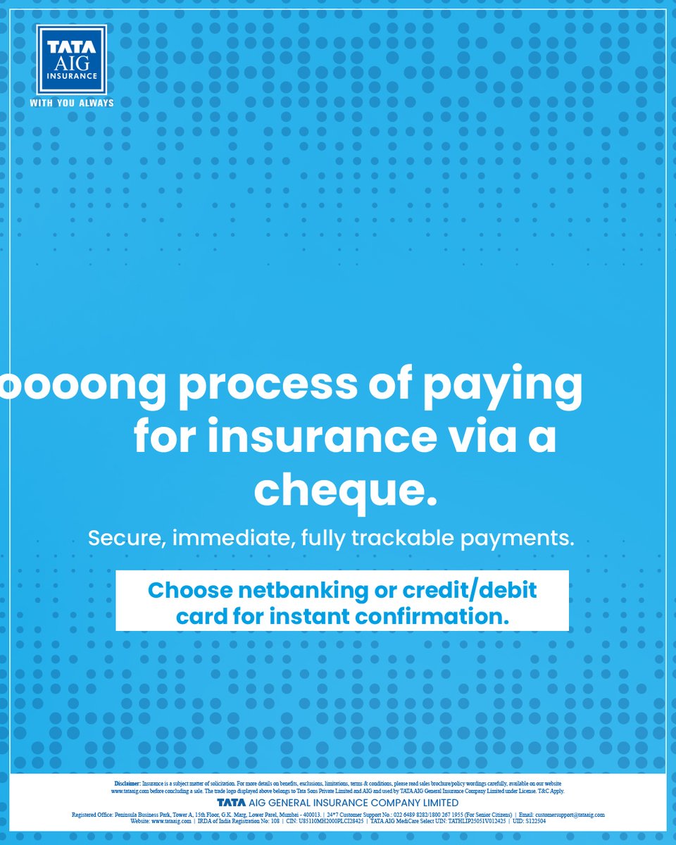 TATAAIGIndia's tweet photo. Debit/Credit card and net banking can get it done in just a few seconds – No delays, no bounce risks, no surprises. Just protection that starts when you need it.
#TATAAIG #WithYouLikeFamily #DebitCard #CreditCard #NetBanking https://t.co/6yq5MMTYHi