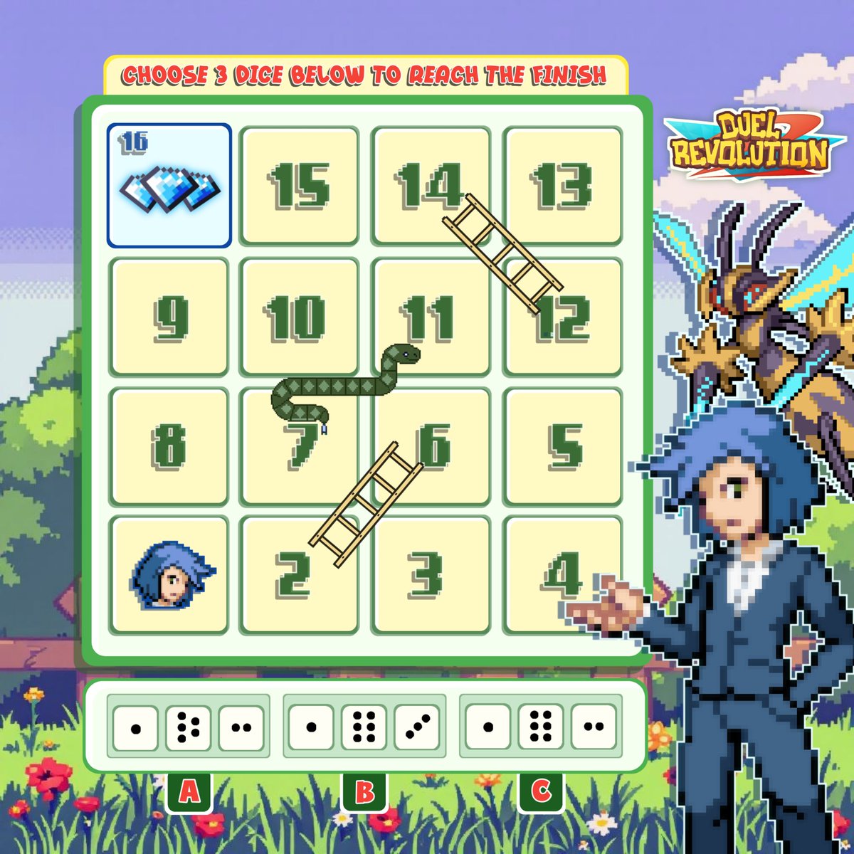 Choose 3 dice below and plan your way to the finish.
Think carefully, one wrong move can change everything.
Which dice would you pick A,B or C? Tell us in the comments 👇

Download Duel Revolution MMO Now, it's free!
iOS: apps.apple.com/us/app/duel-re…
Android: play.google.com/store/apps/det…