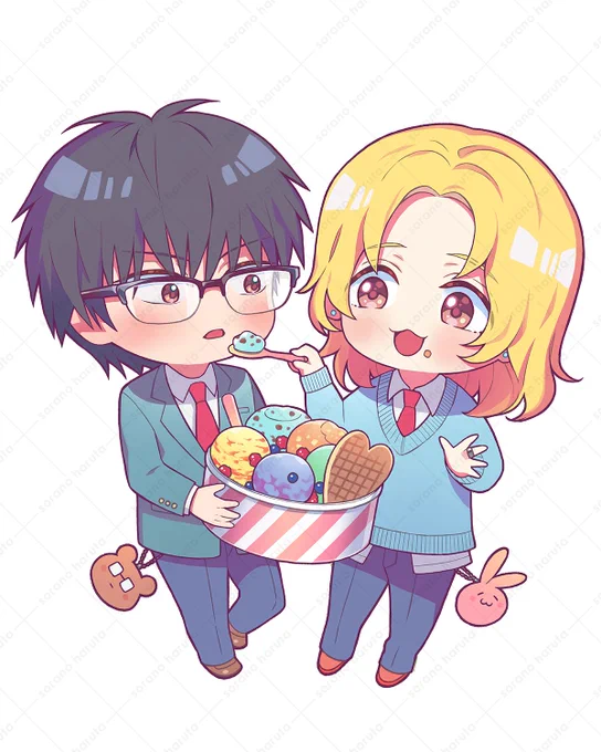 タクルイなら、ルイが「コレ一緒に食お〜!」と派手なを選ぶだろうなと思って描いたイラストです コミックス有償特典のアクスタ絵とはまた少し違うテイストにしてみました! どのグッズも本当にデザインが可愛いので、ぜひお迎えしていただけたら嬉しいです〜! #商業BL #タクミンとルイ