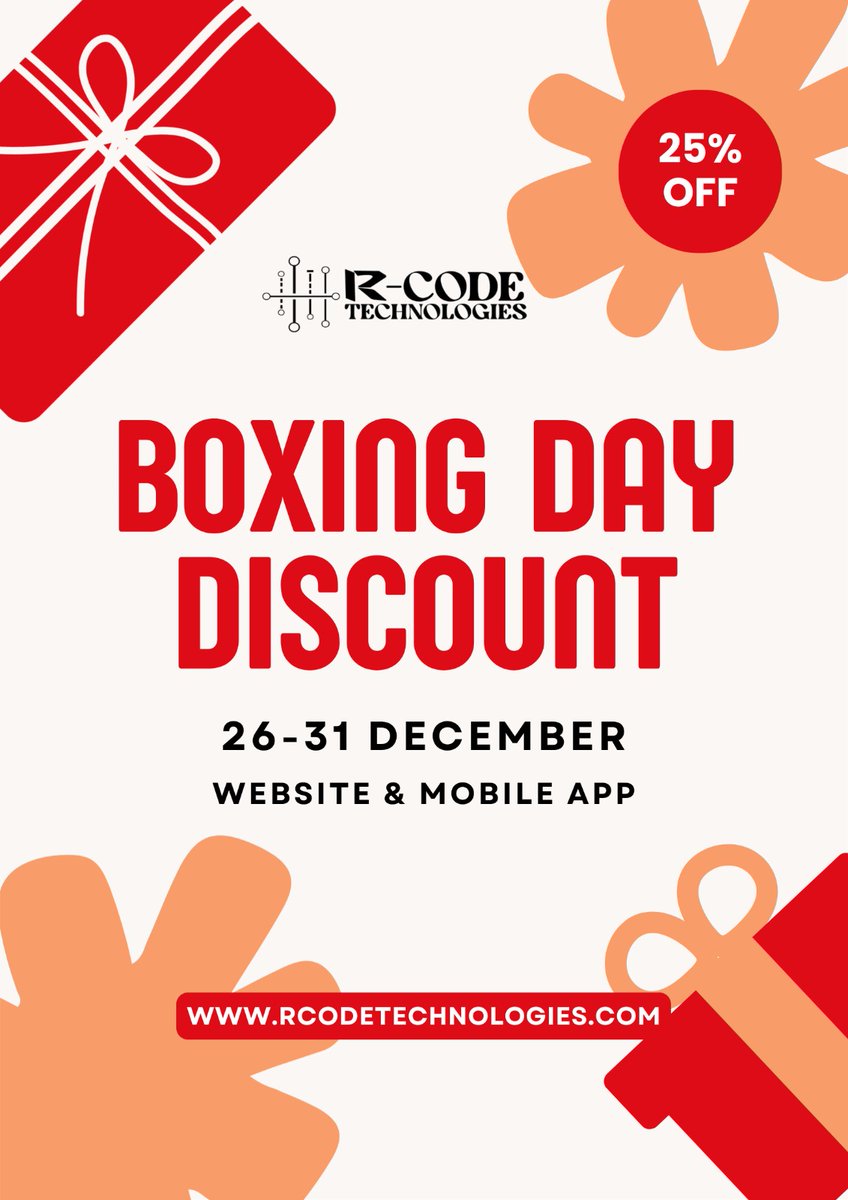 rcodetech's tweet image. Happy Boxing Day from R-Code Technologies 🎁
Enjoy 25% OFF on Website &amp;amp; Mobile App Development from 26–31 Dec.
Build, upgrade, or scale your digital presence today.

🌐 rcodetechnologies.com

#BoxingDayDeal #RCODETechnologies #TechDiscount