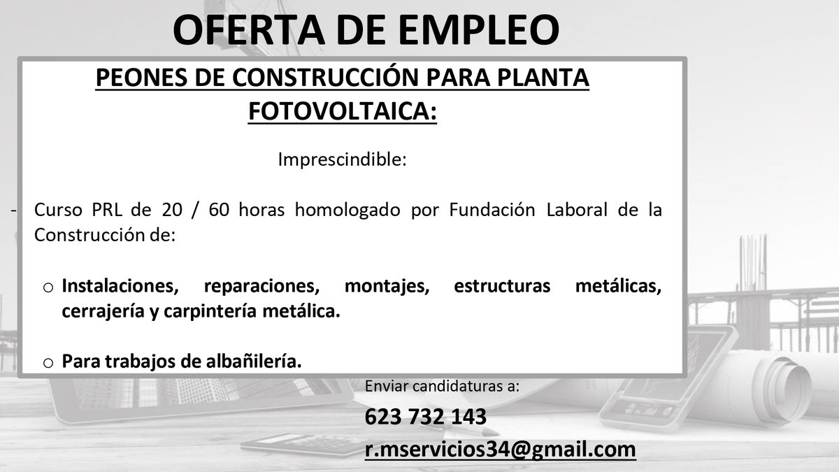 TierrasdeMedina's tweet image. Ofertas de #Empleo: #Peones de #Construcción para Planta Fotovoltaica en Zona de #Olmedo

RM Servicios

-Curso PRL de 20 / 60 horas homologado por Fundación Laboral de la Construcción de:

Envío de CV: r.mservicios34@gmail.com y/o Teléfono-WhatsApp: 623 732 143.
