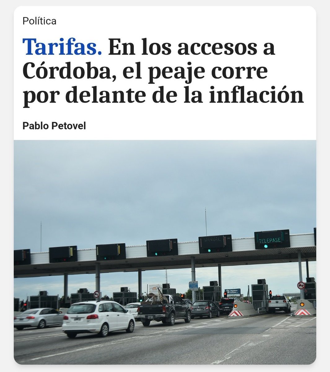 Peajes en Córdoba:
• En enero de 2024, la tarifa manual para autos era de $ 500 
• Con el nuevo esquema, costará $ 3000
• Contra la inflación acumulada desde enero de 2024, el aumento real es del 110,5% (más del doble de lo que subieron los precios promedio)