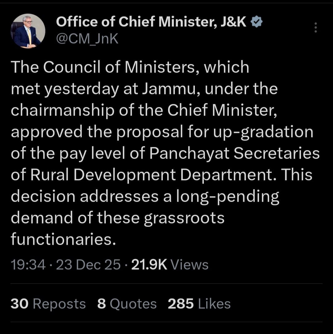 JKPSCLecturers's tweet photo. Cabinet’s nod to pay up-gradation of Panchayat Secretaries &amp; MACP benefits to Ladakh UT Lecturers (borne out of J&amp;K cadre before bifurcation) sets a positive precedent. We urge Hon’ble CS @DullooAtal  Hon'ble @ShaleenKabra to expedite a final decision on ACP for JKUT Lecturers. https://t.co/MylqGI0Jcx