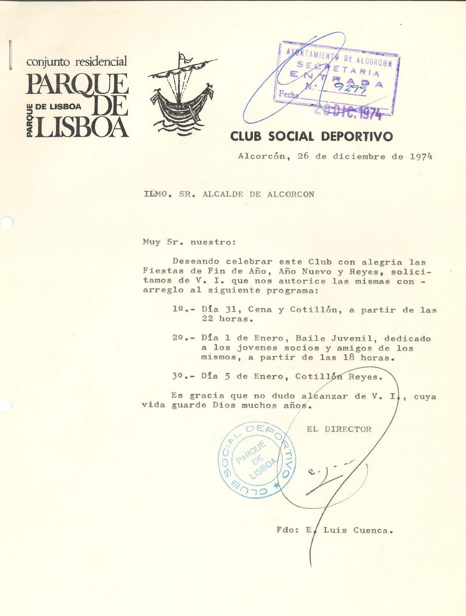 En 1974, el Club Social y Deportivo Parque de Lisboa solicitó permiso al <a href="/AytoAlcorcon/">Ayuntamiento de Alcorcón</a>  para celebrar en sus instalaciones las festividades de Nochevieja y Reyes, con y para sus socios. 🍇🍾🫅🤴👸
¡FELIZ AÑO NUEVO A TODOS!
#AlcorcónMemoriaViva
