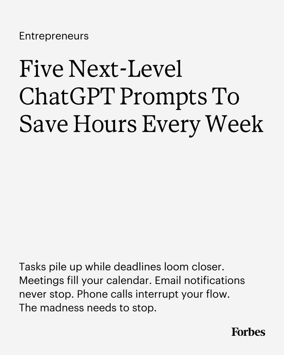 What if you could reclaim your lost hours of productivity and multiply your output tenfold? These ChatGPT prompts will give you back precious time.
forbes.com/sites/jodiecoo…
