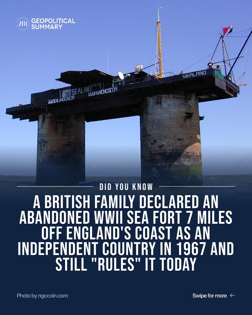 geopoliticalsum's tweet photo. Sealand began as a military platform called Roughs Tower during World War II. 

After it was claimed, the family created a constitution and issued stamps to raise money. A fire in 2006 nearly destroyed the structure, but they rebuilt it. 

Sealand once hosted data-storage companies because its owners said it offered “digital freedom” outside normal laws.

Read more: https://t.co/tmOLvpW5Zs.