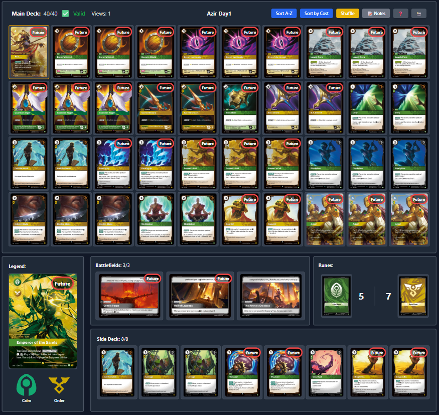 Current Azir List(9-1) after 50 BO3 games. I don't think the deck is a tier 1 but I love the design. The list is pretty straight forward: early game tempo into 6 cost spell to finish the game. Deathgrip is the mvp of the list  however is unplayable from a losing position. Hide as