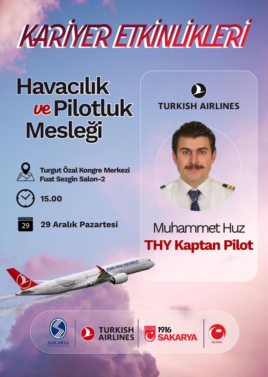 ✈️ Havacılık &amp; Pilotluk Kariyeri

Emekli askeri pilot, bugün Türk Hava Yolları Kaptan Pilotu olan Muhammet Huz, havacılığa dair tecrübelerini ve THY CADET sürecini anlatıyor.

🗓 29 Aralık | ⏰ 15.00
📍 Turgut Özal KM

#Havacılık #Pilotluk #THYCadet #MTTBSakarya