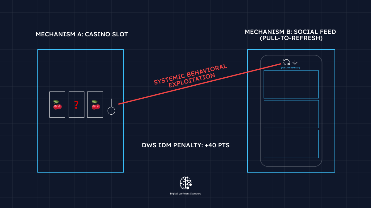 dws_standard's tweet photo. Most apps aren't "engaging." They are efficient slot machines. 🎰

We analyzed the #1 mechanism tech giants use to hack retention: Variable Ratio Reinforcement (VRR).

In the DWS Standard, this single pattern (A1) carries a 40-point penalty.

Here is the engineering breakdown. 🧵👇