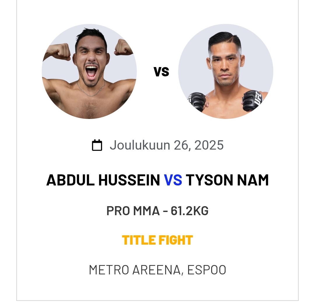 WCK252660's tweet photo. Today, Tyson Nam is back in action over in Finland. His opponent, Abdul Hussein, is 14-2 and is currently riding a 7 fight win streak. I'm curious what happens. #ICF6 https://t.co/MLXhfdTmKQ