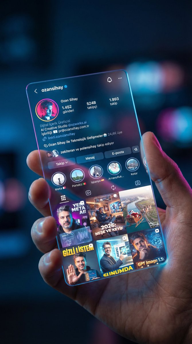 Hologram ekran promptu;

(Sosyal medya profilinin SS’ini referans vererek)

Using the provided image of the Instagram profile interface as a reference, create a cinematic close-up shot of a human hand holding a sleek, semi-transparent holographic card. The holographic card should