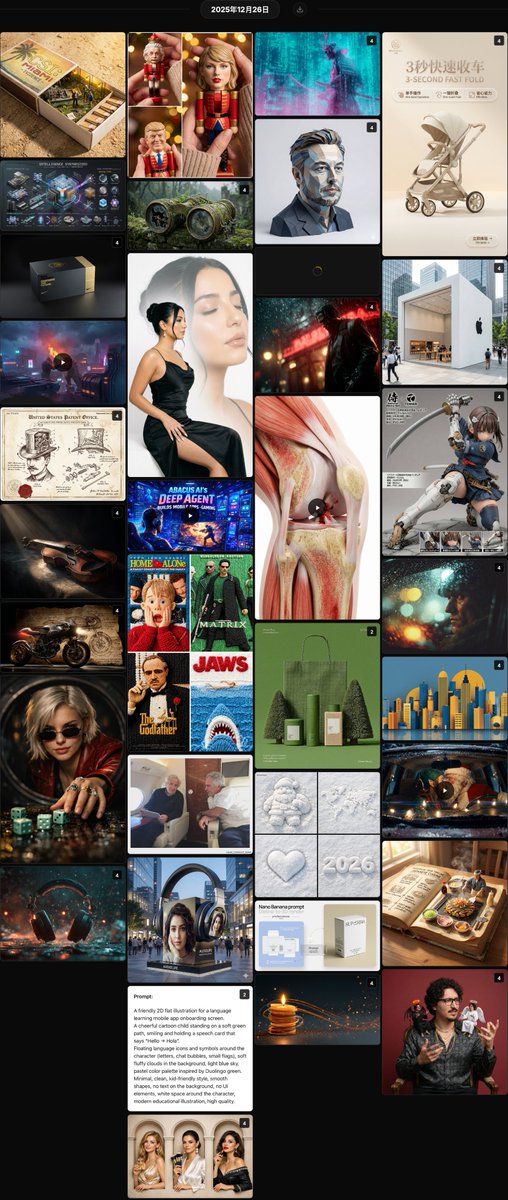 ttmouse's tweet image. 🍌 Nano Banana Pro  最近24小时热门

统计时间：2025年12月26日 21:15

本合集汇集用户提供的25条Nano Banana Pro相关高互动原创作品帖，涵盖提示词分享、产品渲染、风格探索与创意生成，，整体互动活跃，平均互动率约2.1%。

```
@AmirMushich…