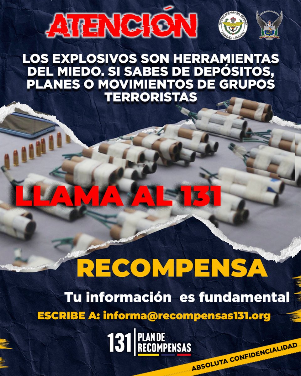 Si ves algo, di algo. Marca 131

Los explosivos son herramientas del terror
Si conoces depósitos, fabricación o movimientos sospechosos:
📞 Llama al 131
💰 Hay recompensa por tu información
🔐 Confidencialidad absoluta

Tu denuncia puede prevenir una tragedia
 #PlanDeRecompensas