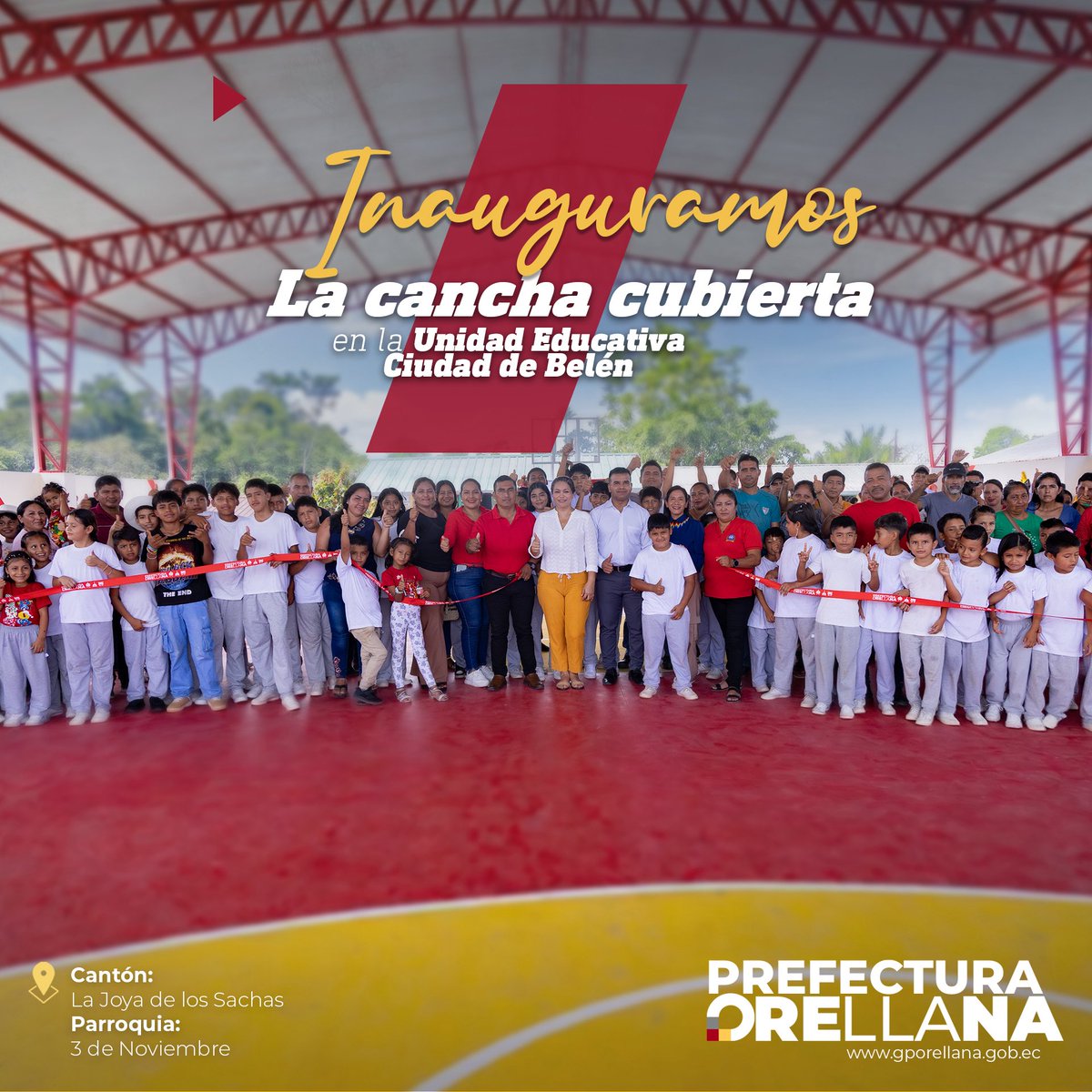 GADPORELLANA's tweet photo. 🏟️✨ Gestión y compromiso✨🏟️
La nueva cancha cubierta con graderíos de la U.E. Ciudad de Belén ya es una realidad en la comunidad 25 de Diciembre, La Joya de los Sachas.
La prefectura inauguró esta obra que brinda un espacio seguro para el deporte y la convivencia. 👧👦⚽ https://t.co/RRW7wrbfGS