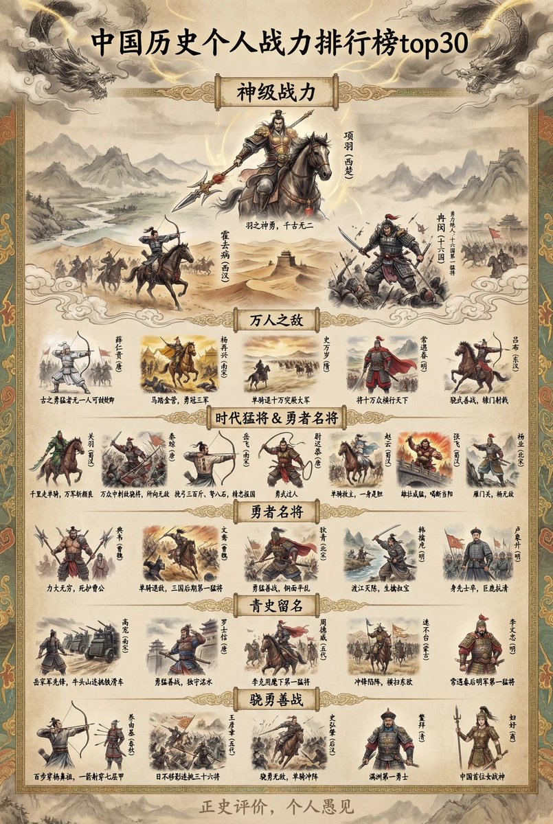 中国历史武将战力排行榜TOP30（正史战力）