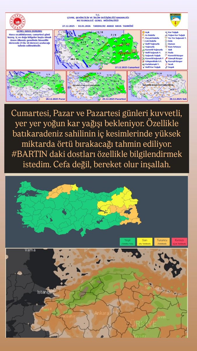 Cumartesi, Pazar ve Pazartesi günleri kuvvetli, yer yer yoğun kar yağışı beklenmekte. Batıkaradeniz sahilinin iç kesimlerinde yüksek kar kalınlıkları göreceğimizi söyleyebiliriz. #Bartın'daki dostları özellikle bilgilendirmek istedim. Cefa değil, bereket olur inşAllah.
#Kar