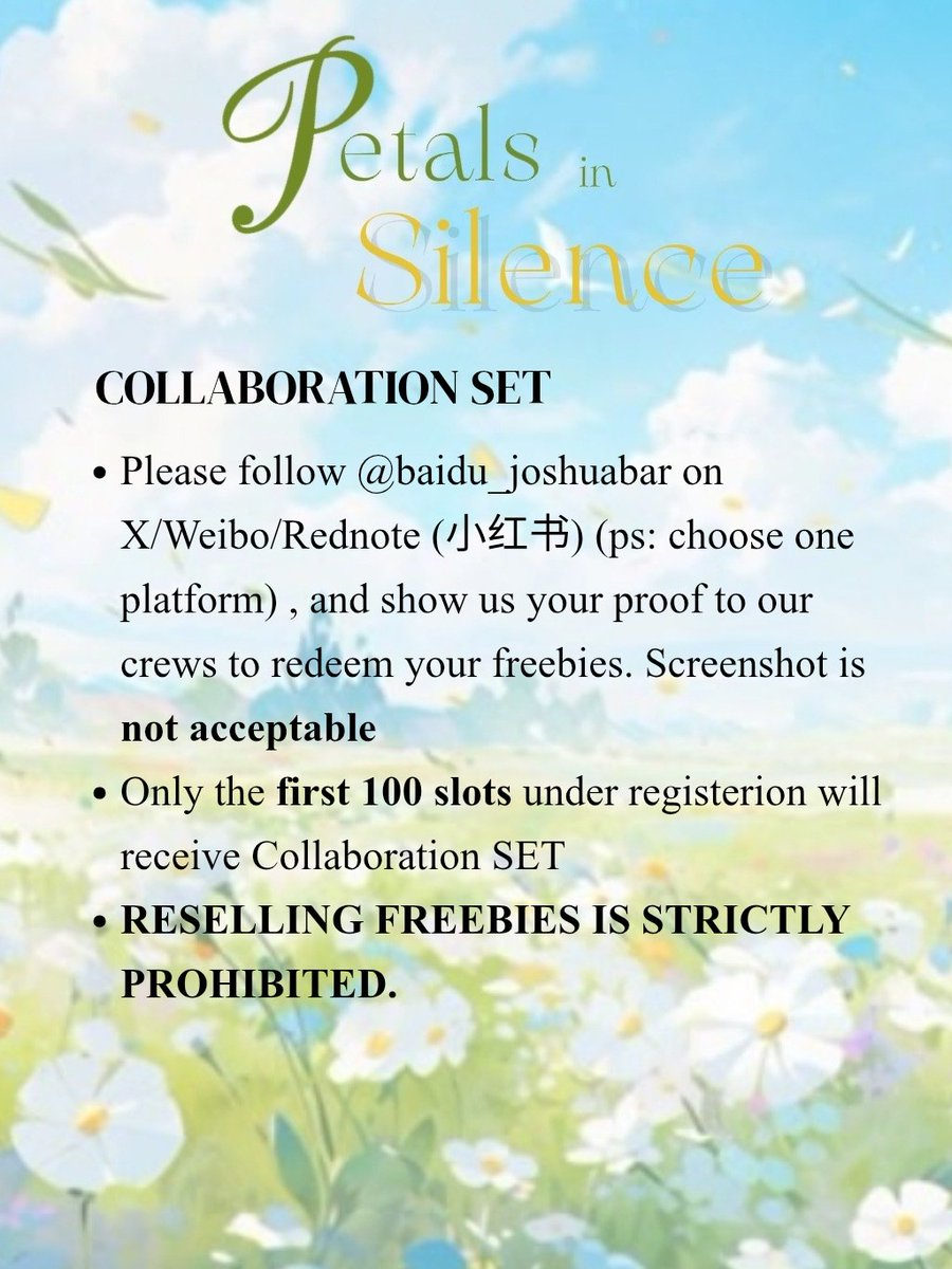 Day 2 till our #petalsforjoshua #petalsinsilence event! Do take note on our new notice! See you all on Sunday ✨

<a href="/cupsleeveMY/">🥤Cupsleeve Malaysia</a> <a href="/PasarSeventeen/">𖧷PasarSeventeen 🇲🇾</a> <a href="/svteventsmy/">SVT Events in MY 🇲🇾💫</a> Please help retweet!

#pasarseventeen #pasarseventeenmy #pasarSVT #pasarsvtmy #cupsleeve_malaysia