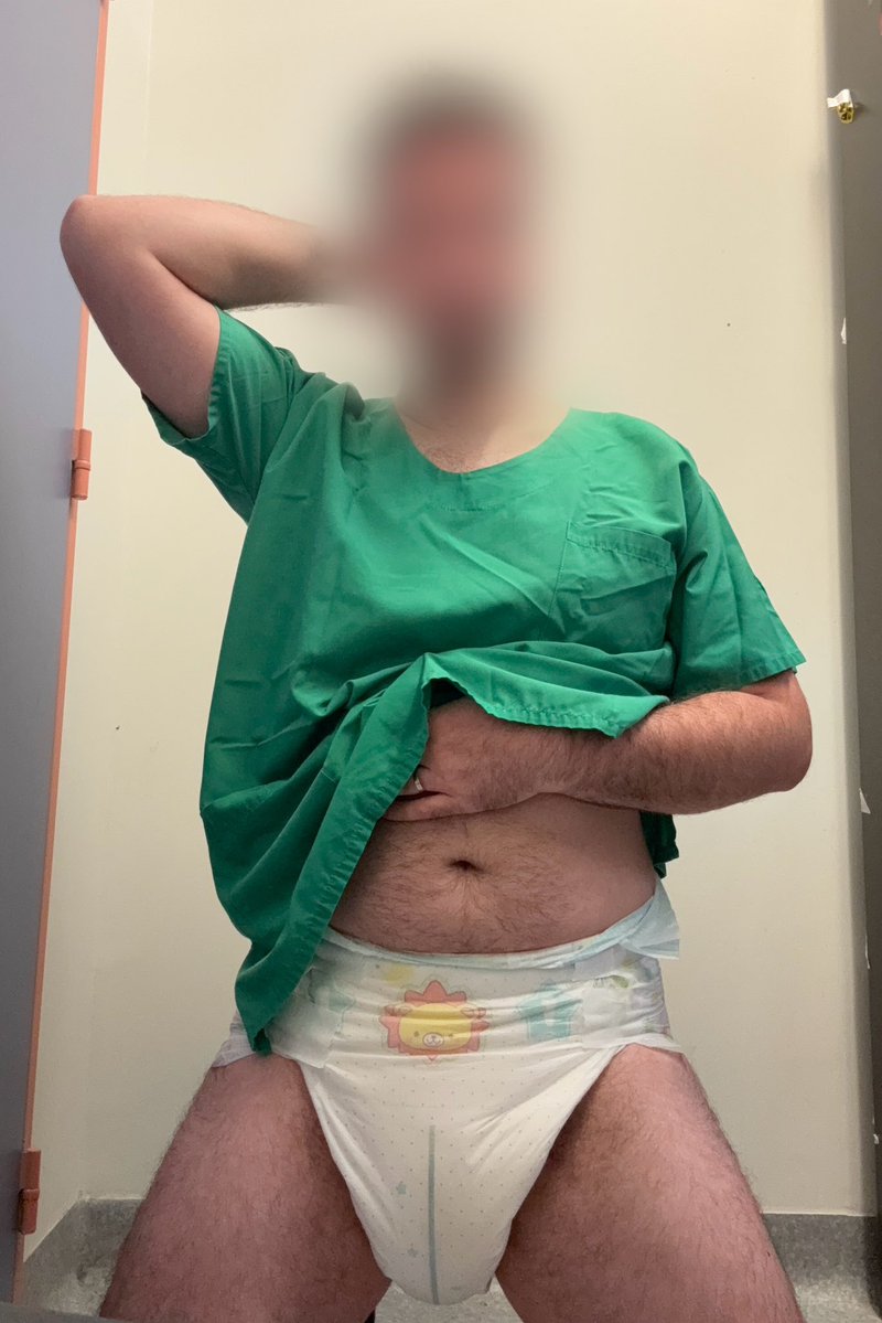 ExposedBabyboy's tweet image. Flashback to work in scrubs but I'm just a pathetic diaper boy waddling in a thick crinkly baby diaper under 😳💦 Real adults around while I'm secretly padded like a toddler. Wish someone noticed &amp;amp; exposed Daddy's little secret. #ABDL #DiaperBoy #Daddy #ExposedBaby #DiaperAtWork