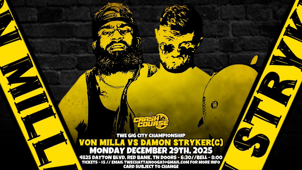 ⚠️MONDAY⚠️

BIGGEST CRASH COURSE IN A WHILE!

STARX/SHOOK
AWFUL/OWENS
WADE &amp; CULLEN/MURPHY &amp; KAT
MILLA/STRYKER
TN TRASH/BEYOND BETTER
WALL/SEAL
GRIFFIN/BELLA
+ MORE

WILL BE FILMED FOR IWTV!

🎟️ - $5
📍 - TWE ARENA
🛎️ - 6:30
🚪 - 8:00