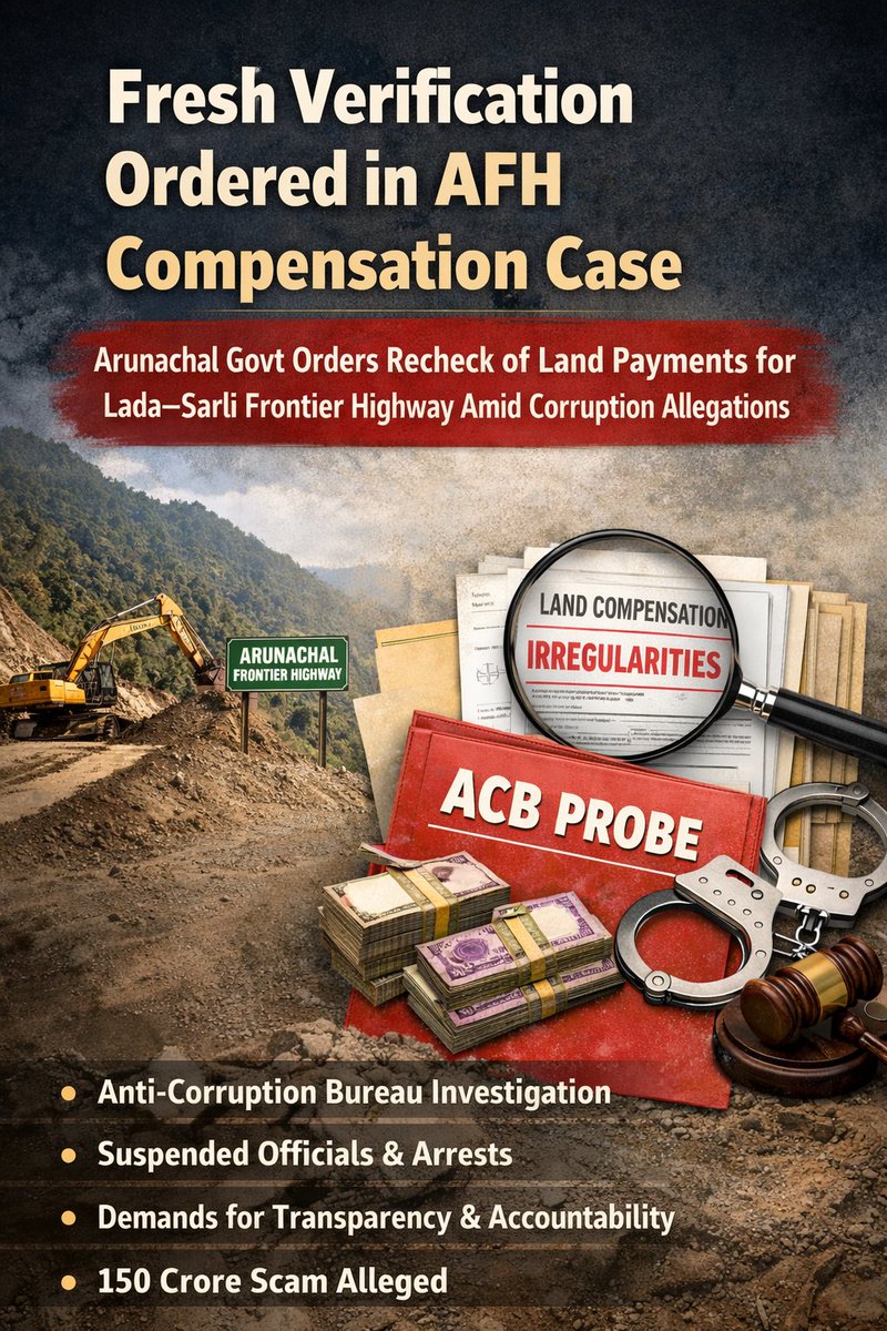 Arunachal24in's tweet photo. Arunachal govt orders fresh verification of land and compensation for Lada–Sarli stretch of the Frontier Highway amid irregularity allegations.
Read More- https://t.co/ipSGynN4iZ
#ArunachalPradesh #FrontierHighway #LandCompensation #BreakingNews https://t.co/io9XjGpHWk