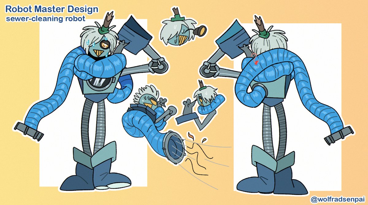Robot Master Design: Sewer cleaning robot
#MegaManDO #DesignARobotMaster 
This is a robot that cleans out the sewers, not knowing that sewers aren't supposed to be cleaned! His best friend is a rat named Teresa.
He's always wet because of the mop on the head.