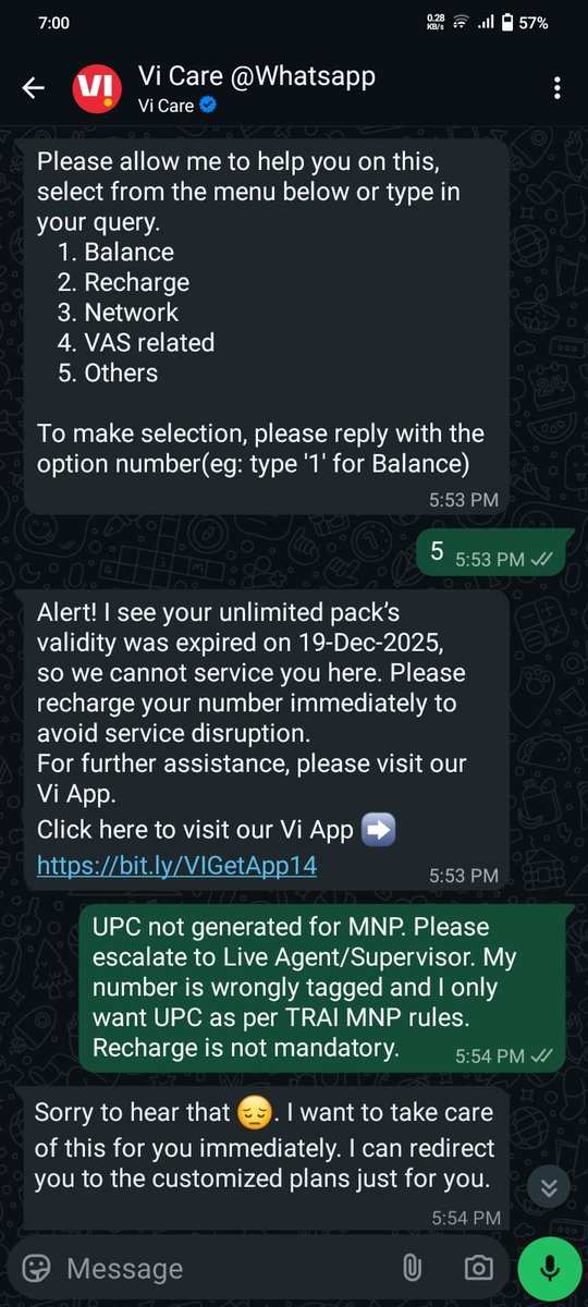 Juggler9569's tweet photo. @ViCustomerCare मेरा नंबर गलत तरीके से “Retailer/Special Category” में डालकर UPC रोका जा रहा है।

TRAI MNP नियमों के अनुसार UPC के लिए active pack जरूरी नहीं है।
Recharge के लिए मजबूर करना गैरकानूनी है।

यह उपभोक्ता अधिकारों का उल्लंघन है।
DoT में शिकायत दर्ज कर चुका हूँ।
तुरंत https://t.co/zLGf33dhxB