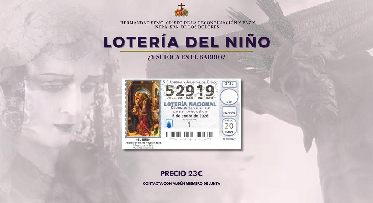 HdaddelBarrio's tweet photo. ℹ️ 𝑳𝑶𝑻𝑬𝑹𝑰́𝑨 𝑫𝑬𝑳 𝑵𝑰𝑵̃𝑶

Ya tenemos nuestro numero tradicional de la lotería del niño a disposición de cualquier persona que quiera probar suerte y colaborar con nuestra hermandad. 

¿Y si toca en el Barrio?
📲 ¡Contacta con nosotros! https://t.co/fAc8ObSKOD