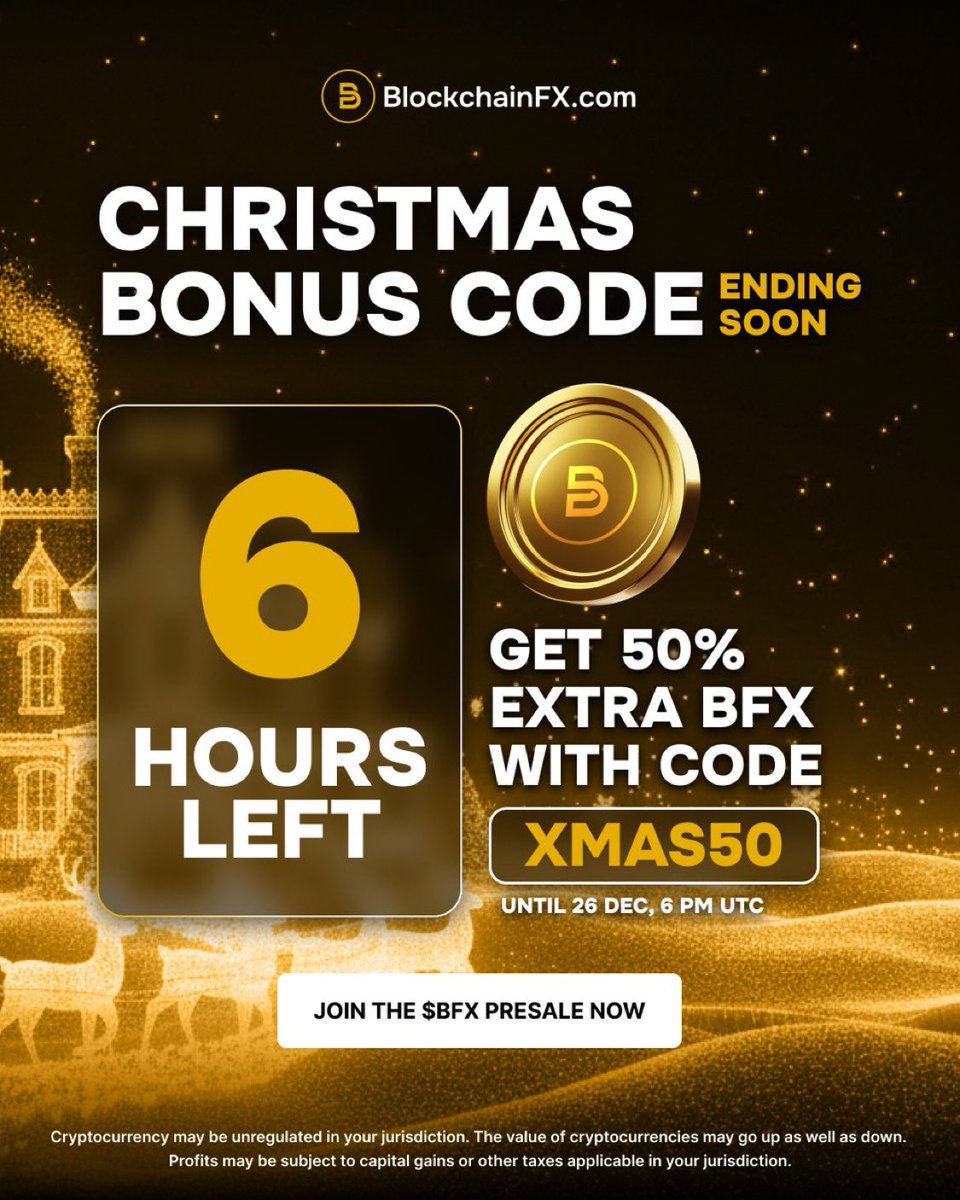 BlockchainFXTM's tweet image. 🎄 6 Hours Left! 🎄

Use XMAS50 to get 50% extra BFX tokens 🎁

Time is running out, secure your tokens now!

Join the $BFX presale now 

#Web3 #Crypto #BFX #Presale #CryptoCurrency #Christmas #Promo #Holiday
