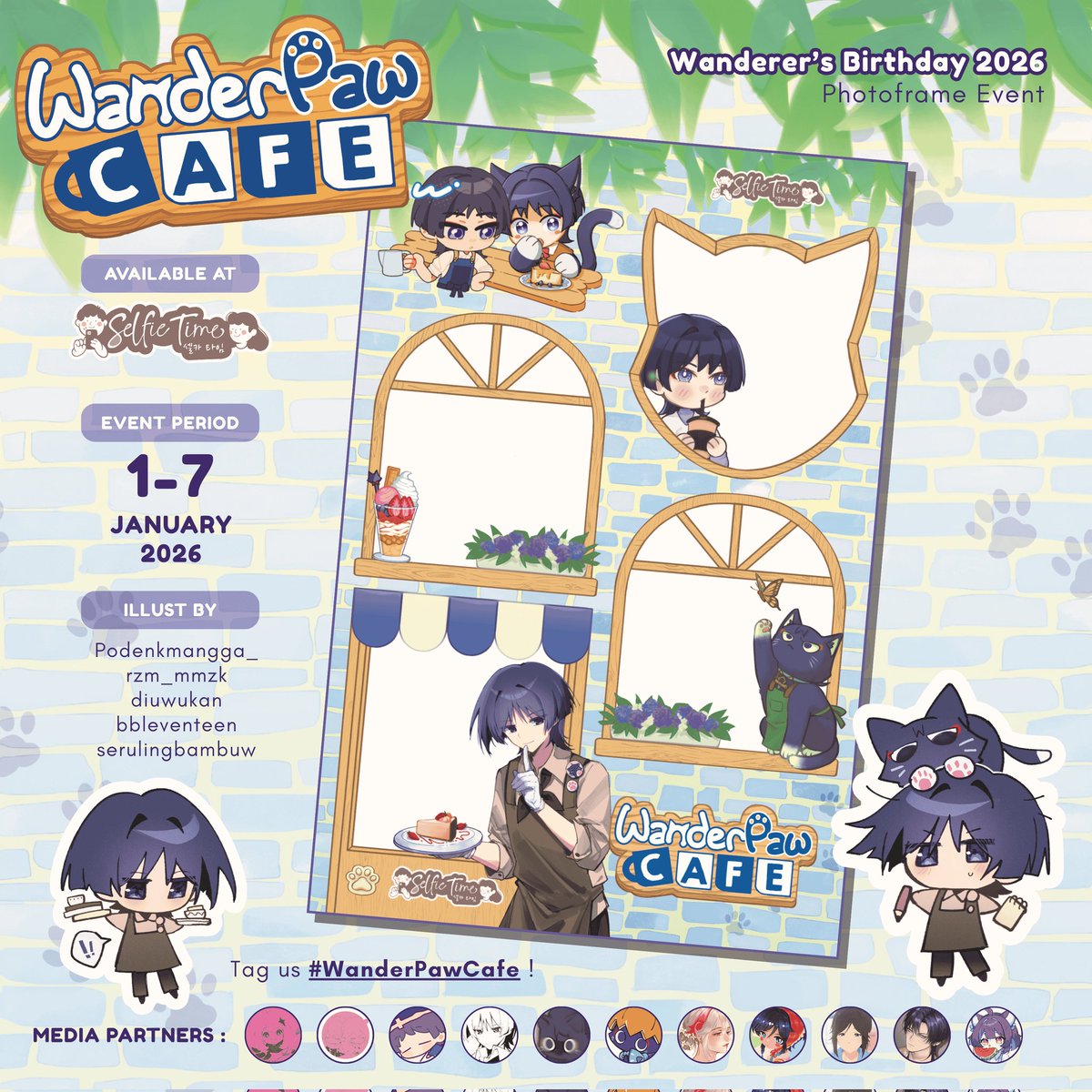 diuwukan's tweet image. 😼 Meowcome to WanderPaw Cafe! 😼

— Wanderer's birthday photoframe event by @serulingbambuw @Podenkmangga_ @rzm_mmzk @bbleventeen @diuwukan

📆 1-7 January 2026
📍 @selfietimeid

Kindly tag us and use hashtag #WanderPawCafe in your moments! ☕🍰