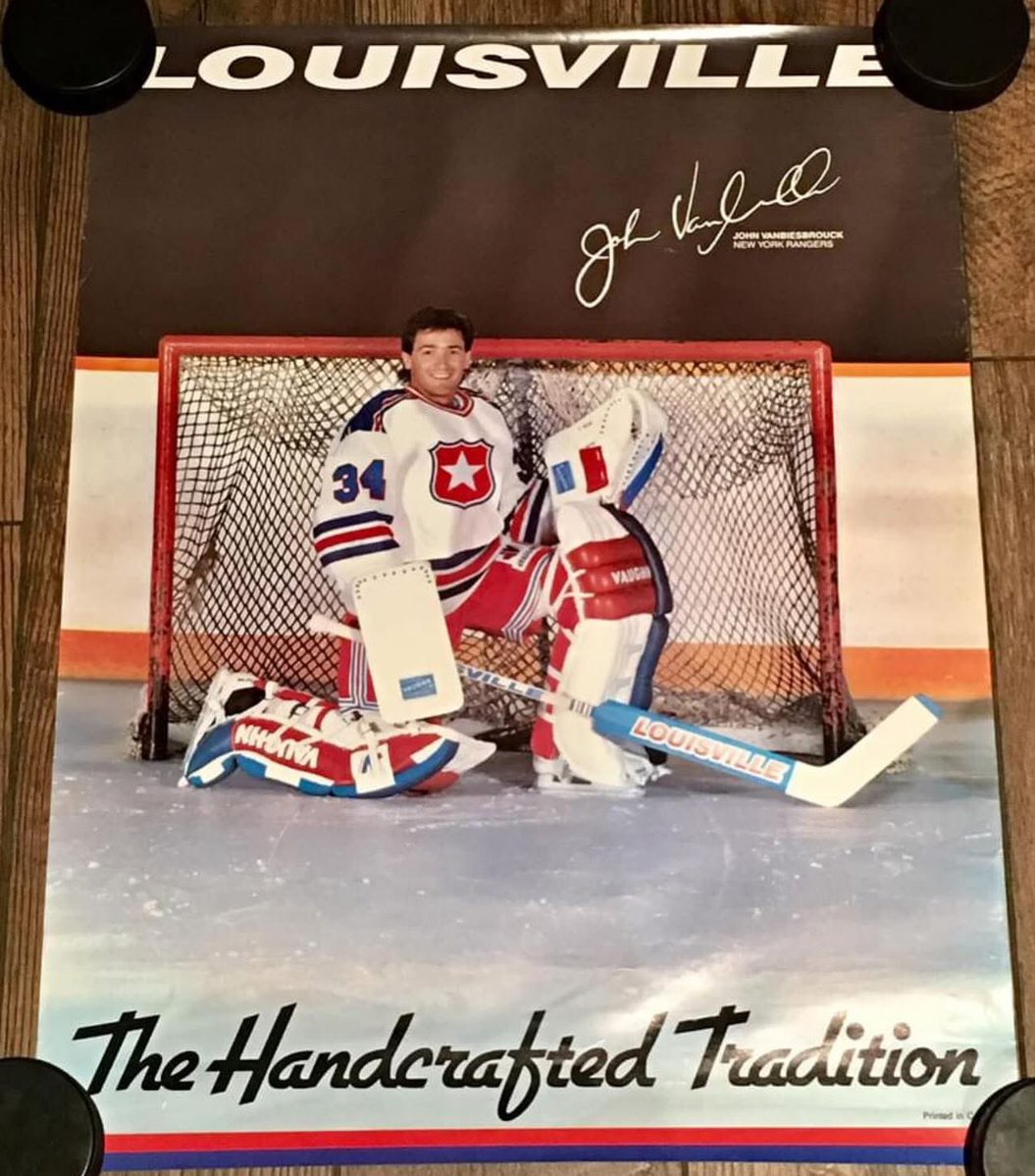 SecondStringLC's tweet image. Legendary Look 👀 How about this vintage promotional poster from Louisville from the early 90’s with former New York Rangers goaltender, John Vanbiesbrouck. Such a cool promotional piece. 
……
👉 secondstringleather.com