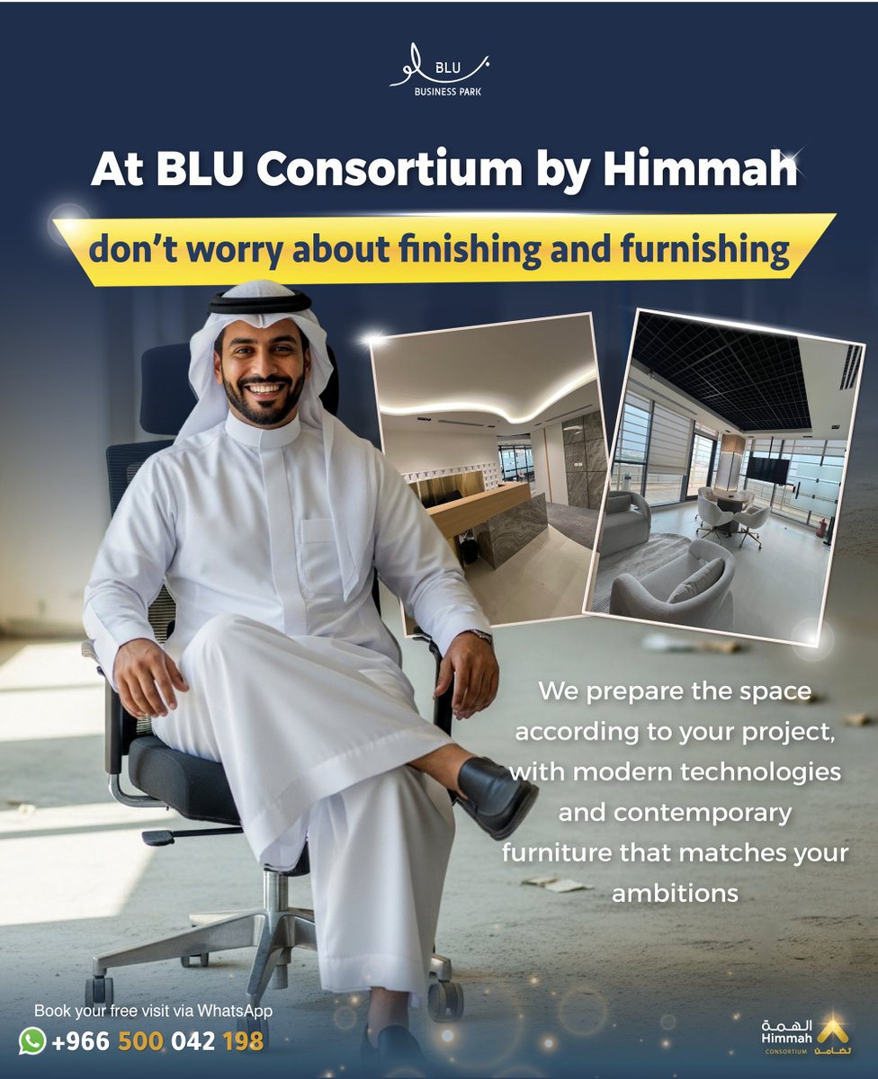 🛠️ No stress about finishing or furnishing!   At BLU Business Park by Himmah Consortium, your space is tailored to your project with modern tech 🖥️ and stylish furniture 🪑. Focus on success—we handle the rest 💼✨
#BLU_Business_Park #Himmah_Consortium #Offices #SaudiArabia