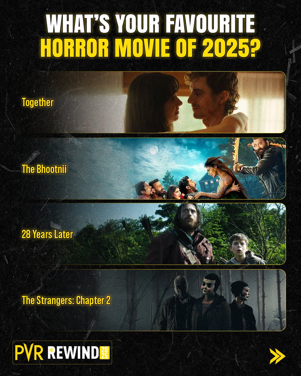 _PVRCinemas's tweet photo. Horror that made us scream out loud! π±π₯
Pick your favourite 2025 horror flick in the comments.
.
.
.
#PVRRewind #PVRRewind2025 #HorrorMovie #TheConjuringLastRites #VashLevel2 #Sinners #Maa #Weapons #FinalDestinationBloodlines #DiesIrae #BringHerBack #Together #TheBhootnii #28YearsLater #TheStrangersChapter2 #BlackPhone2 #FiveNightsAtFreddys2 #Him #TheMonkey