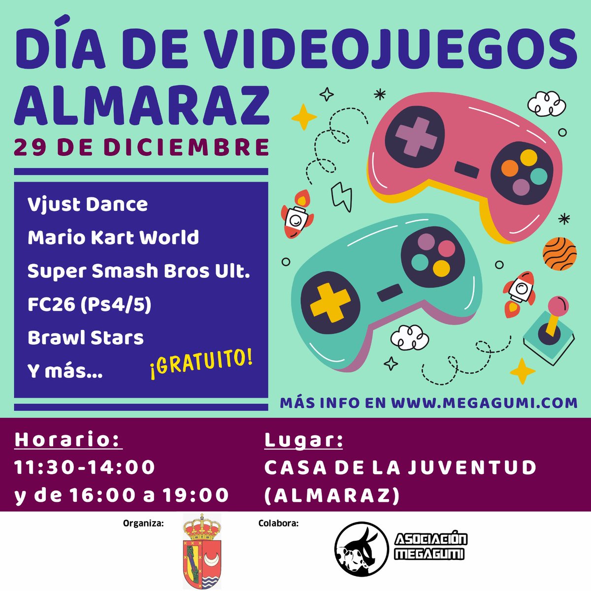 ¡Atención, gamers! 🎮 recordamos que el 29 de diciembre tenemos un día completito de videojuegos en Almaraz. ¡Nos vemos allí para celebrar nuestra pasión por los videojuegos! 🕹️