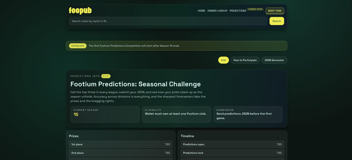 Merry Christmas, <a href="/Footium/">Footium</a> Community!

Footium predictions V.1.0 on Foopub are officially live and ready to start after Season 14 ends.

Prizes and timeline will be announced soon - stay tuned!

Good luck to everyone participating, and enjoy the holidays!

foopub.com/predictions
