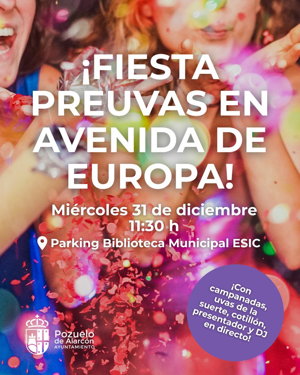 ¡Ven a despedir el año con nosotros! 🍇
Te esperamos en la Fiesta de Preuvas este miércoles 31 de diciembre a las 11:45 h en el parking de la Biblioteca Municipal de ESIC, en Avenida de Europa.
¡No faltes!