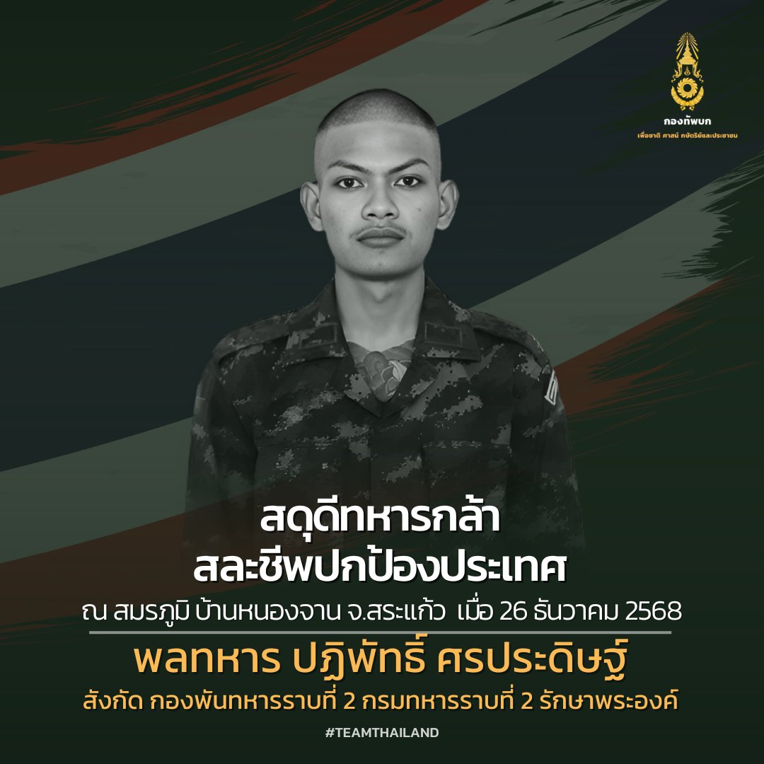 armypr_news's tweet image. 🇹🇭 สดุดีทหารกล้า  🇹🇭 สมรภูมิหนองจาน
จ่าสิบเอก พงศกร นาคทองดี  (รายที่ 24)
สังกัด กองพันทหารราบที่ 2 กรมทหารราบที่ 2 รักษาพระองค์
เสียชีวิตในสมรภูมิบ้านหนองจาน อ.โคกสูง จ.สระแก้ว เมื่อวันที่ 26 ธันวาคม 2568 

พลทหาร ปฏิพัทธิ์ ศรประดิษฐ์   (รายที่ 25)
สังกัด กองพันทหารราบที่ 2…
