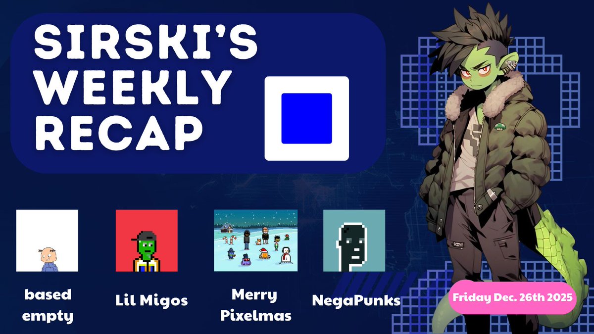 SIRSKI'S WEEKLY RECAP ❄️

A quick look at new NFT drops on Base during the holiday week.

🔹 <a href="/basedempty/">based empty</a>
A 900-piece collection that dropped last weekend by <a href="/saibereth/">saiber.base.eth</a>
(founder of Onchain Brett).
Notable as his first non-pixelated collection.

🔹 <a href="/Lil_Migos/">Lil Migos</a>
3,333 supply — minted
