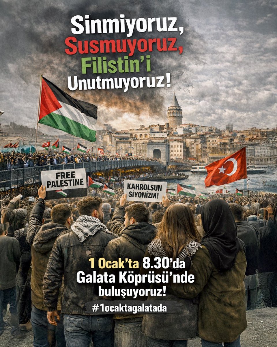Sinmiyoruz, susmuyoruz, Filistin’i unutmuyoruz! Galata Köprüsü’nde buluşuyoruz! #1ocaktagalatada

📍 Galata Köprüsü 🗓 1 Ocak 2026 ⏰ 08.30
