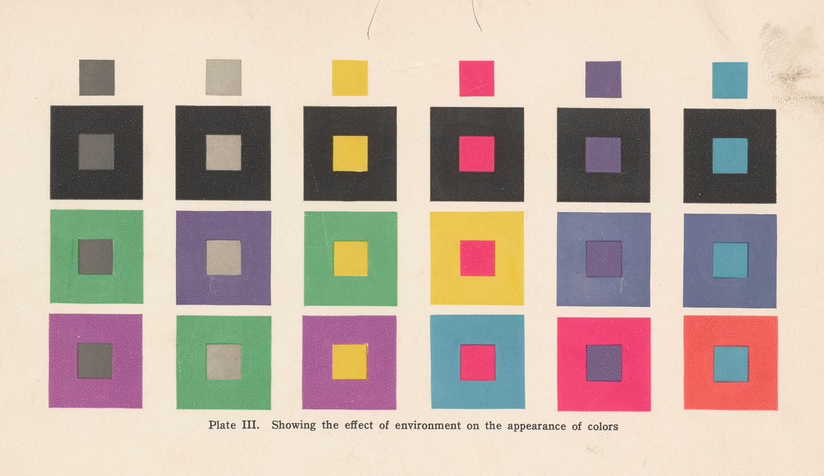 AlexCristache's tweet image. Plate III from "Color and Its Applications", published in 1915 by Matthew Luckiesh, showing the effect of environment on the appearance of colors.

I love these vintage color theory studies!

#ColorTheory