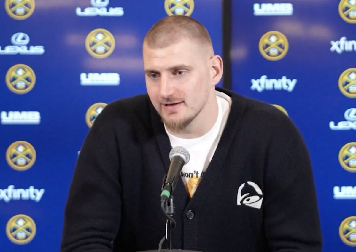 BetMGM's tweet image. Jokic really pulled up in a Taco Bell cardigan, dropped a 56-point triple double then got a fade before his post-game presser.

A hilarious individual.