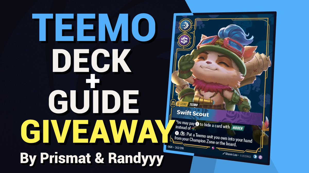 RandyyyTCG's tweet image. 🎉 GIVEAWAY - TEEMO DECK 🎉

To thank everyone for their support &amp;amp; celebrate the launch of our Teemo guide, @Prismaticismism and I are giving away a complete Teemo deck + the full Guide on how to play it !

Guide link &amp;amp; Deck picture in the comments

To participate : 
- Follow…