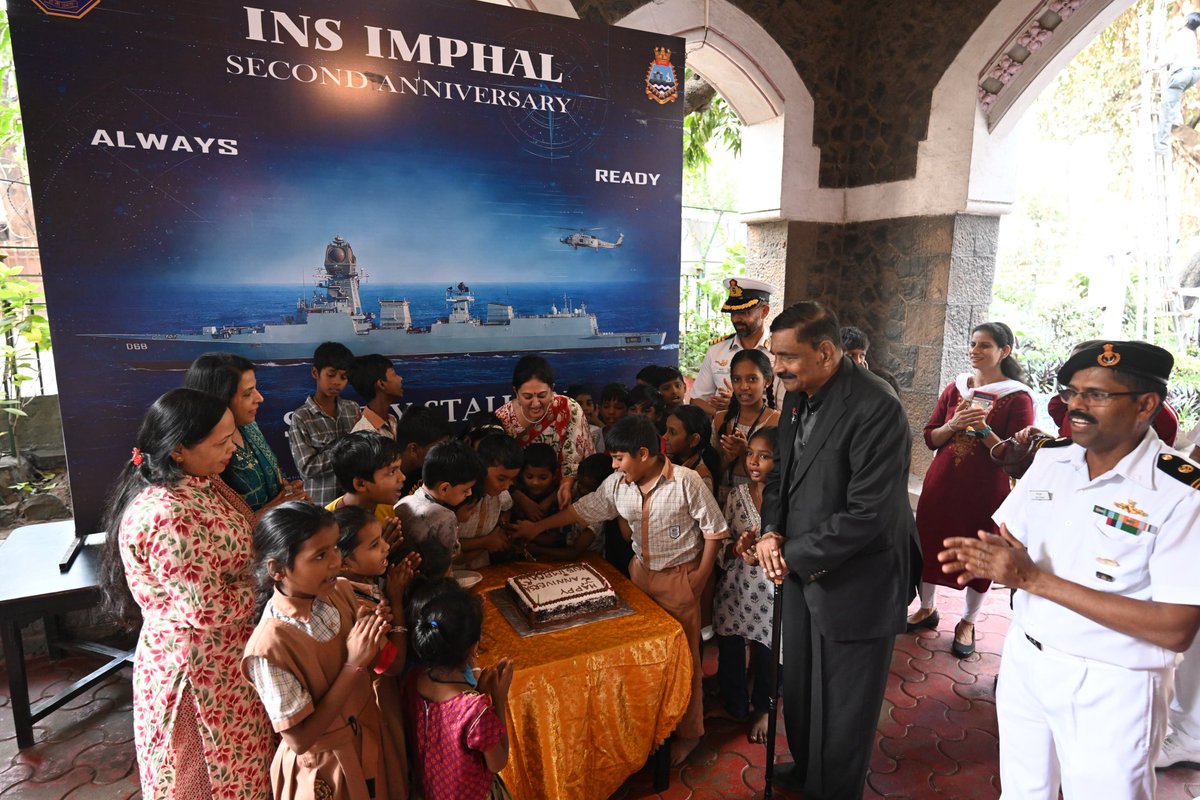 IN_WesternFleet's tweet image. 'सदैव तत्पर'

Always Ready ⚓🇮🇳 #INSImphal celebrates two years of glorious service to the nation.
Steely Stallions of the #SwordArm, has been at the forefront of multifaceted Naval Operations #IndianNavy. Traditional cake cutting ceremony and donation drive at orphanage marked