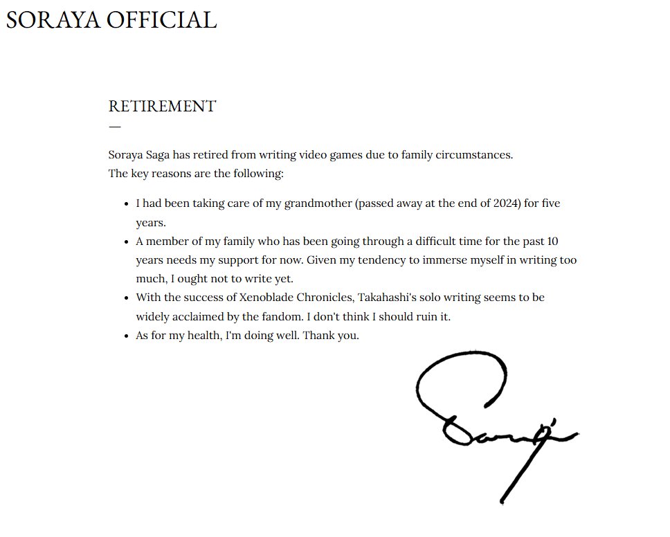 Baust528's tweet image. Kaori Tanaka (Soraya Saga), has announced that she will be retiring from writing video games due to family circumstances via her official blog. She did writing for Final Fantasy VI, Xenogears, &amp;amp; Xenosaga Episodes I &amp;amp; II. sorayasaga.blogspot.com/2025/12/retire…